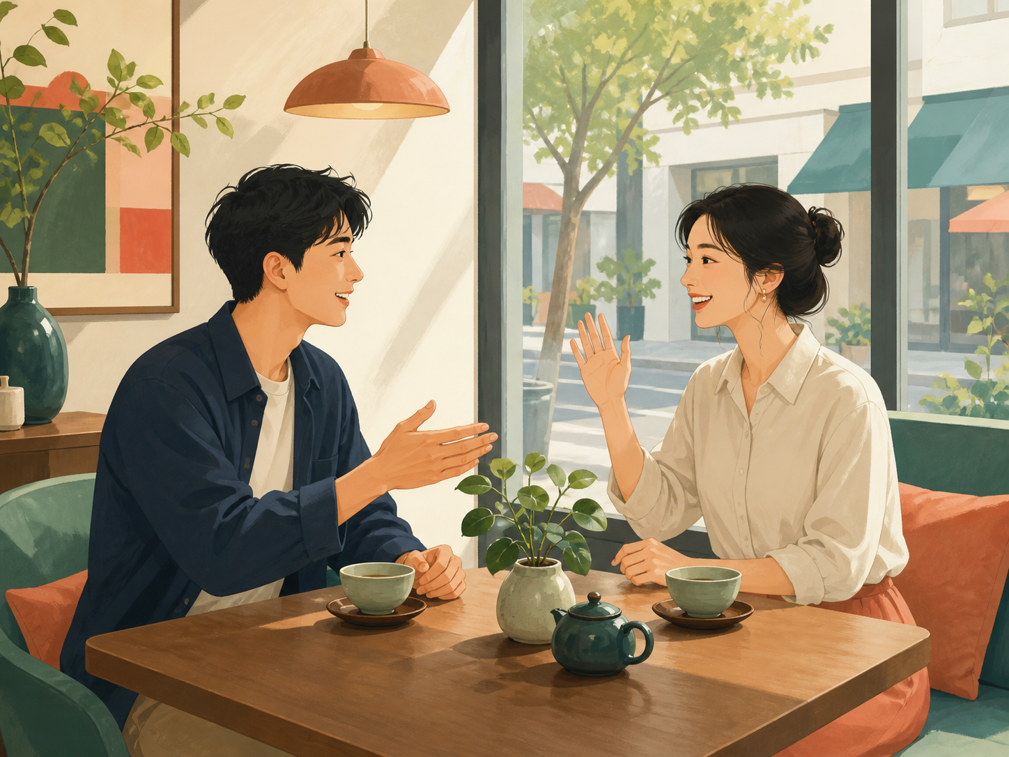 Two fictional adult learners greeting each other in a bright public study space.