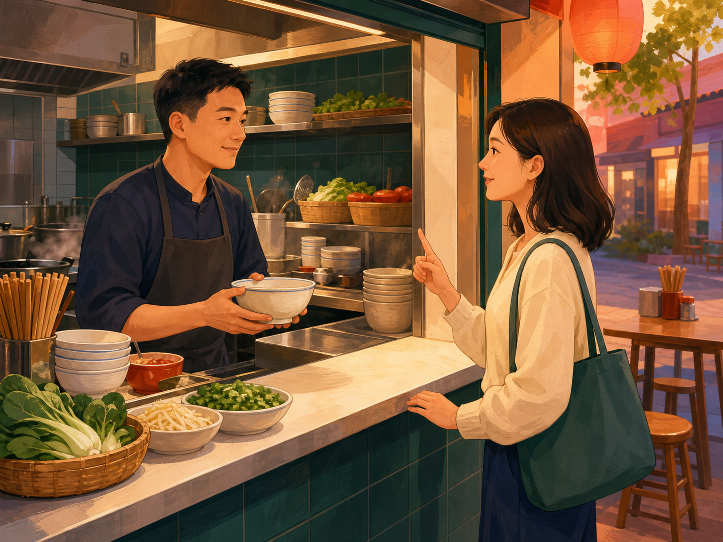 A fictional customer ordering a bowl of noodles at a welcoming neighbourhood restaurant.